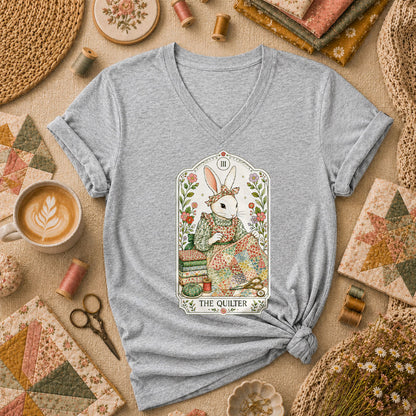 The Quilter Tarot Card Bunny Quilting Vintage Women's V-Neck - Athletic Heather