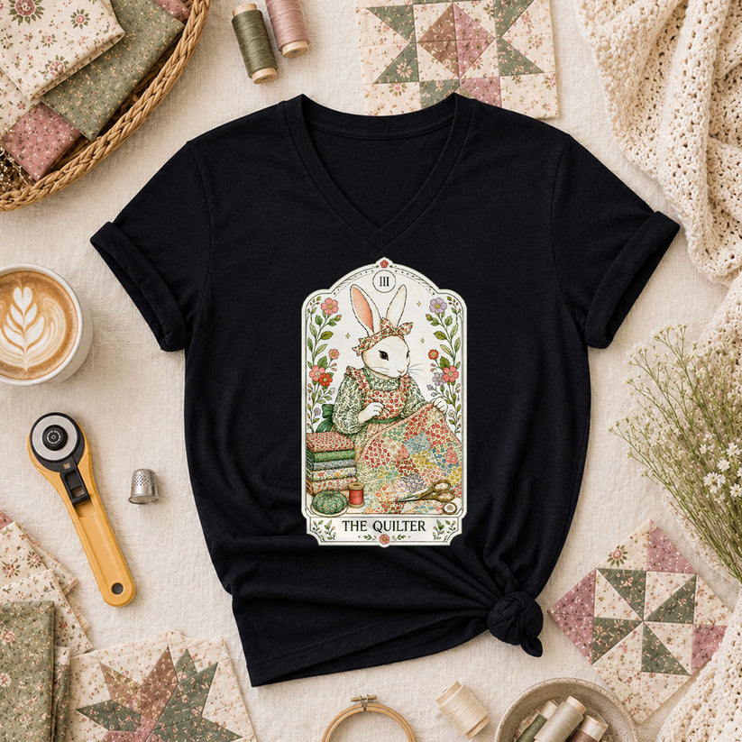 The Quilter Tarot Card Bunny Quilting Vintage Women's V-Neck - Black