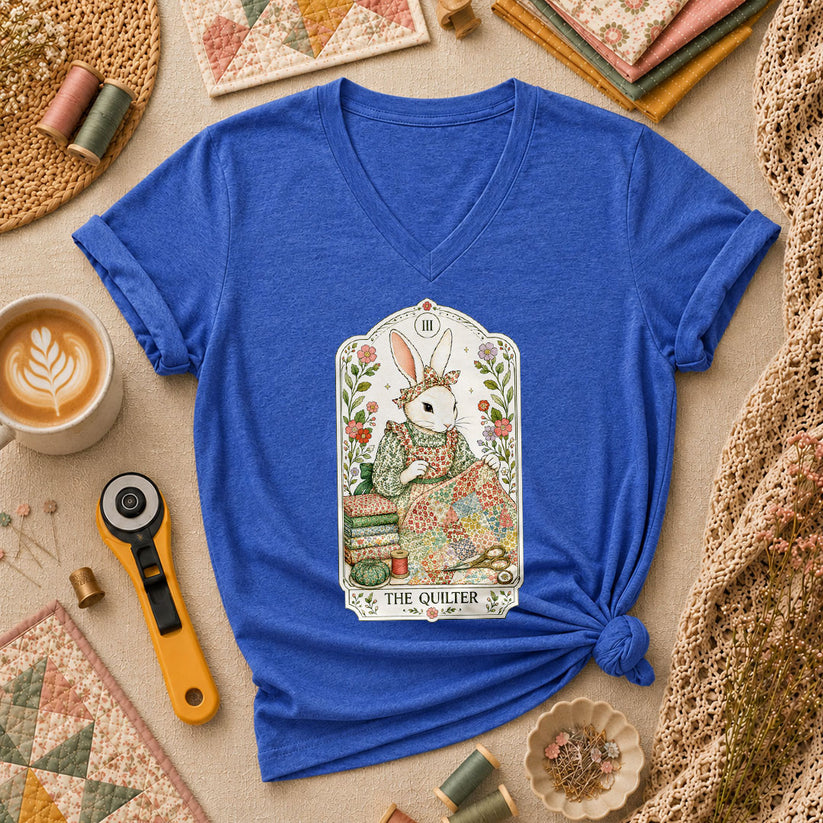 The Quilter Tarot Card Bunny Quilting Vintage Women's V-Neck - Heather True Royal