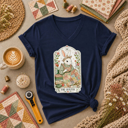 The Quilter Tarot Card Bunny Quilting Vintage Women's V-Neck - Navy