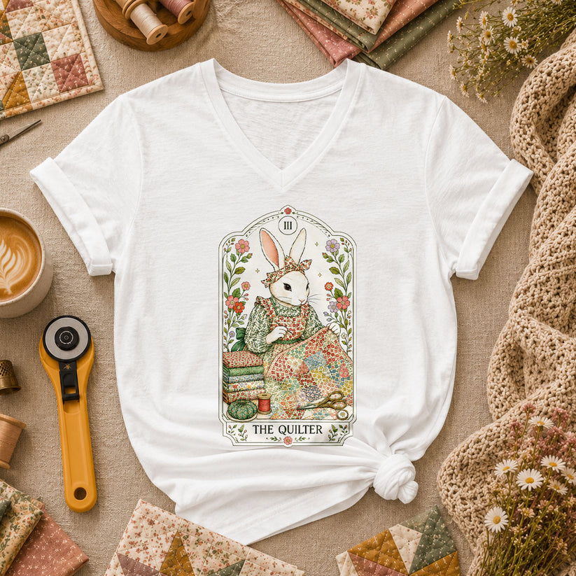 The Quilter Tarot Card Bunny Quilting Vintage Women's V-Neck - White