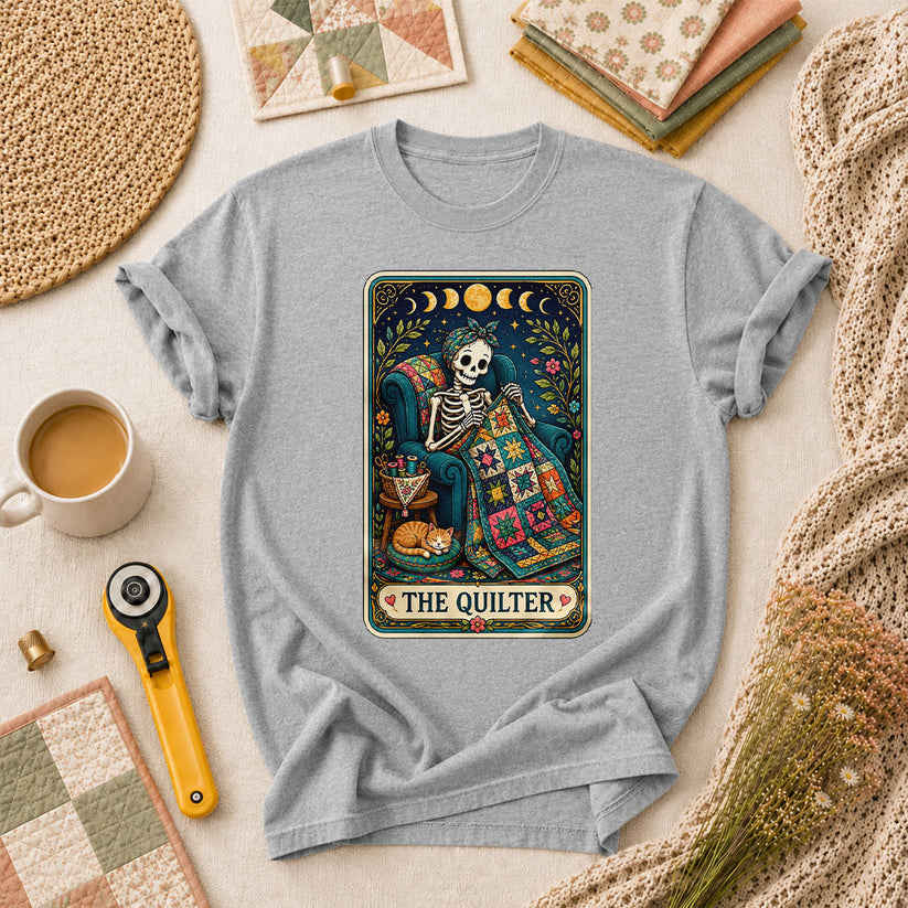 The Quilter Tarot Card Skeleton Cat Quilt T-Shirt - Athletic Heather