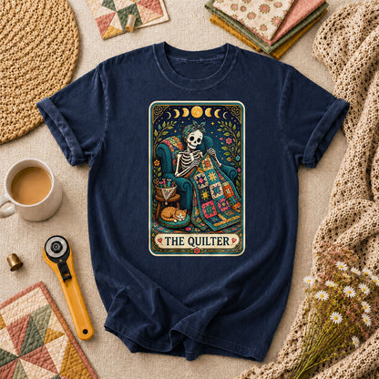 The Quilter Tarot Card Skeleton Cat Quilt T-Shirt - Navy