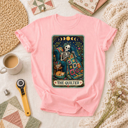 The Quilter Tarot Card Skeleton Cat Quilt T-Shirt - Pink