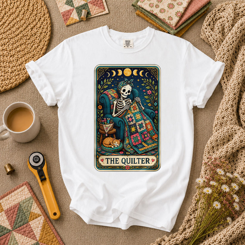 The Quilter Tarot Card Skeleton Cat Quilt T-Shirt - White