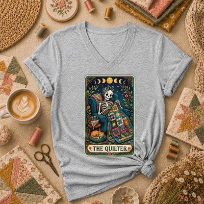 The Quilter Tarot Card Skeleton Cat Quilt Women's V-Neck - Athletic Heather