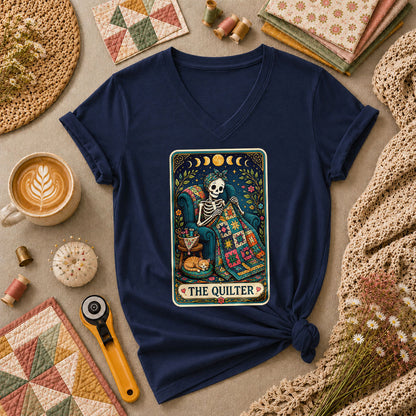 The Quilter Tarot Card Skeleton Cat Quilt Women's V-Neck - Navy