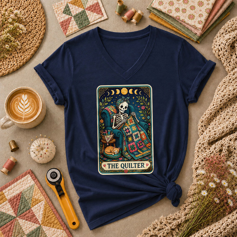 The Quilter Tarot Card Skeleton Cat Quilt Women's V-Neck - Navy