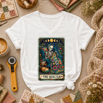 The Quilter Tarot Card Skeleton Cat Quilt Women's V-Neck - White