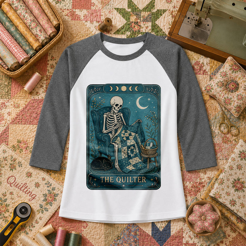 The Quilter Tarot Card Skeleton Halloween Raglan Sleeve - Deep Heather