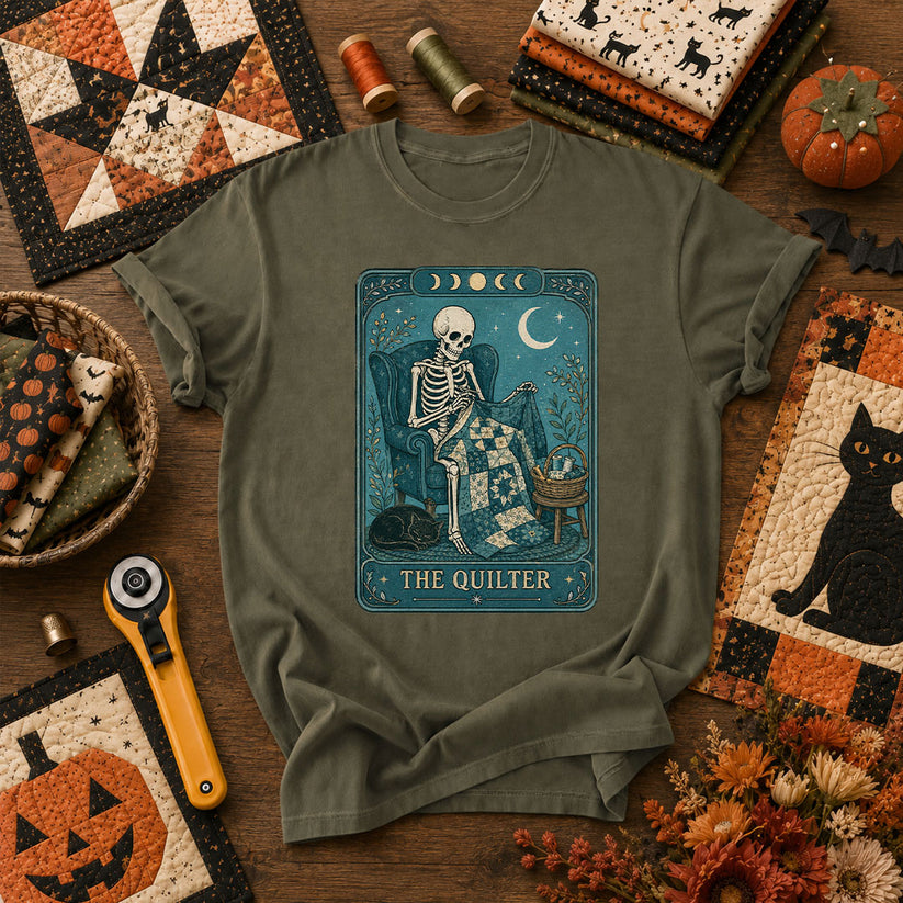 The Quilter Tarot Card Skeleton Halloween T-Shirt - Military Green
