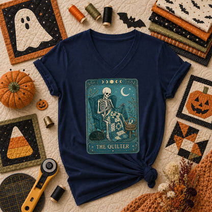 The Quilter Tarot Card Skeleton Halloween Women's V-Neck - Navy