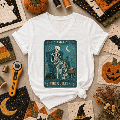 The Quilter Tarot Card Skeleton Halloween Women's V-Neck - White
