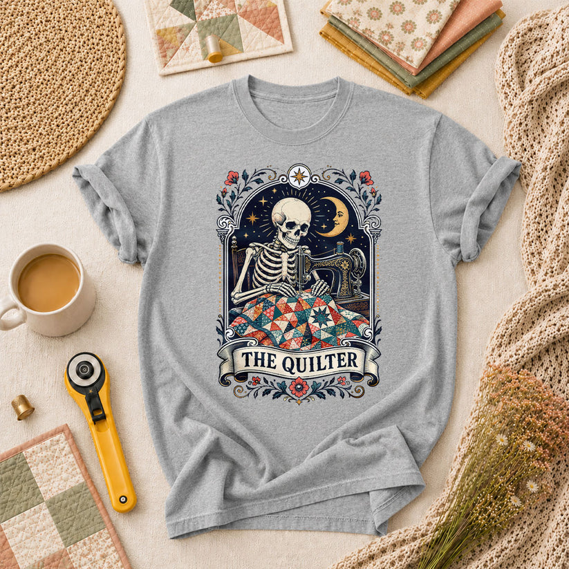 The Quilter Tarot Card Skeleton Sewing T-Shirt - Athletic Heather