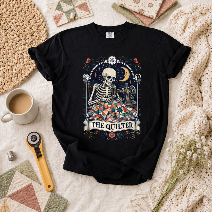 The Quilter Tarot Card Skeleton Sewing T-Shirt - Black