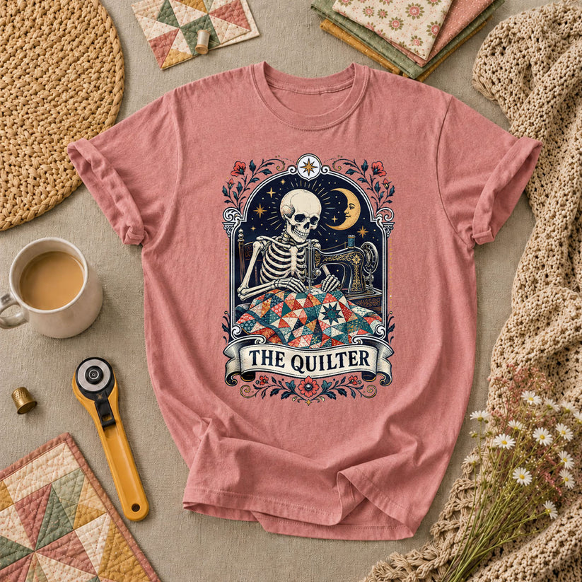The Quilter Tarot Card Skeleton Sewing T-Shirt - Heather Mauve