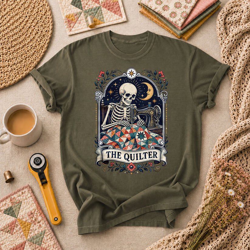The Quilter Tarot Card Skeleton Sewing T-Shirt - Military Green