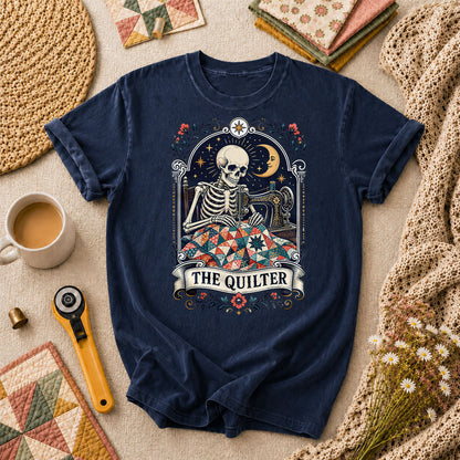 The Quilter Tarot Card Skeleton Sewing T-Shirt - Navy