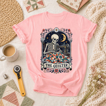 The Quilter Tarot Card Skeleton Sewing T-Shirt - Pink