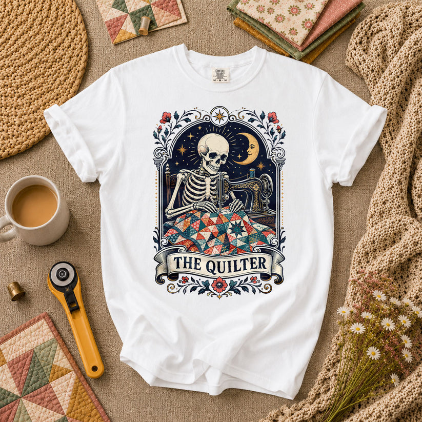 The Quilter Tarot Card Skeleton Sewing T-Shirt - White