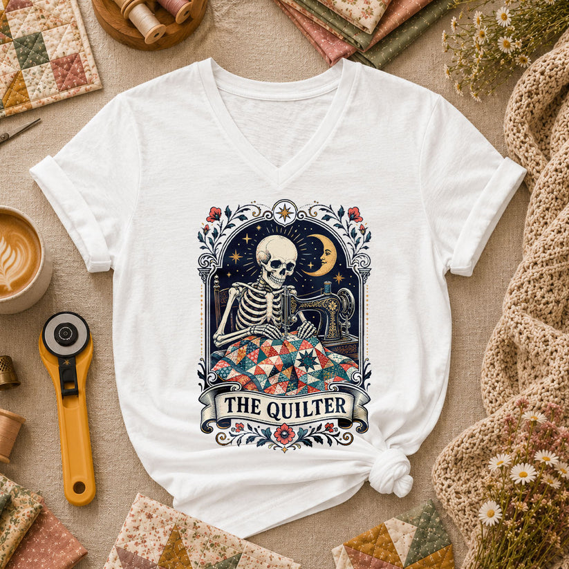The Quilter Tarot Card Skeleton Sewing Women's V-Neck - White
