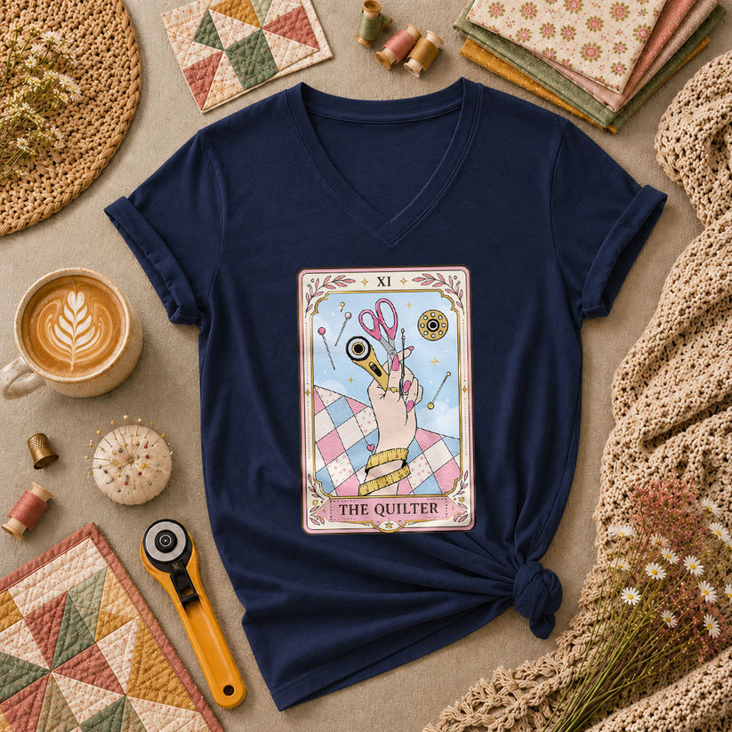 The Quilter Tarot Card XI Sewing Tools Women's V-Neck - Navy