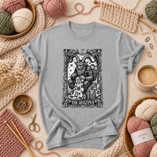 The Quiltpus Krampus Christmas Quilting Tarot T-Shirt - Athletic Heather