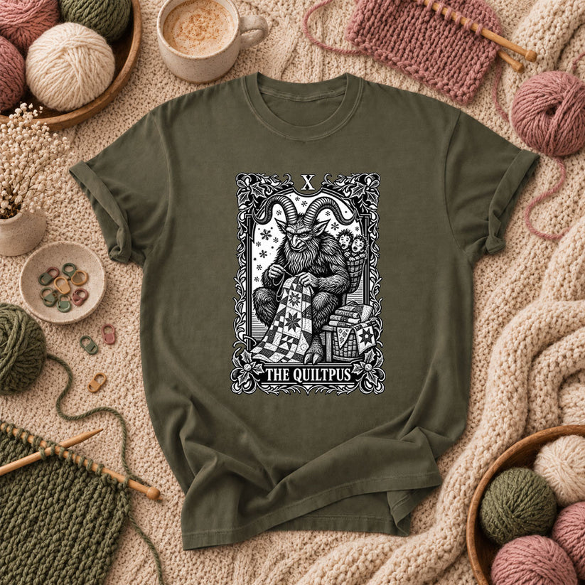 The Quiltpus Krampus Christmas Quilting Tarot T-Shirt - Military Green