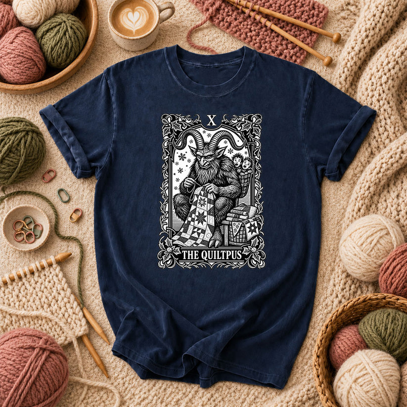 The Quiltpus Krampus Christmas Quilting Tarot T-Shirt - Navy