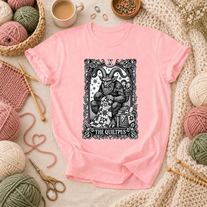 The Quiltpus Krampus Christmas Quilting Tarot T-Shirt - Pink