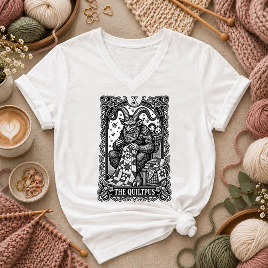 The Quiltpus Krampus Christmas Quilting Tarot Women's V-Neck - White