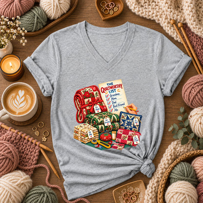 The Quiltworthy List Stack Of Christmas Quilts Women's V-Neck - Athletic Heather