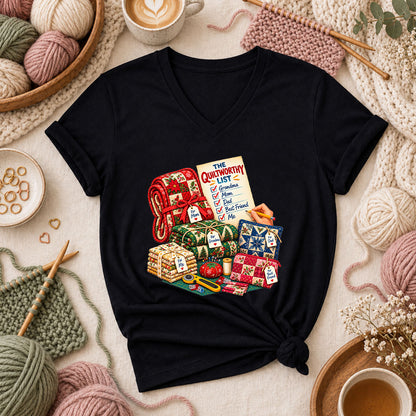 The Quiltworthy List Stack Of Christmas Quilts Women's V-Neck - Black