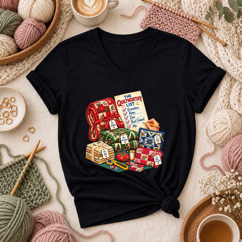 The Quiltworthy List Stack Of Christmas Quilts Women's V-Neck - Black
