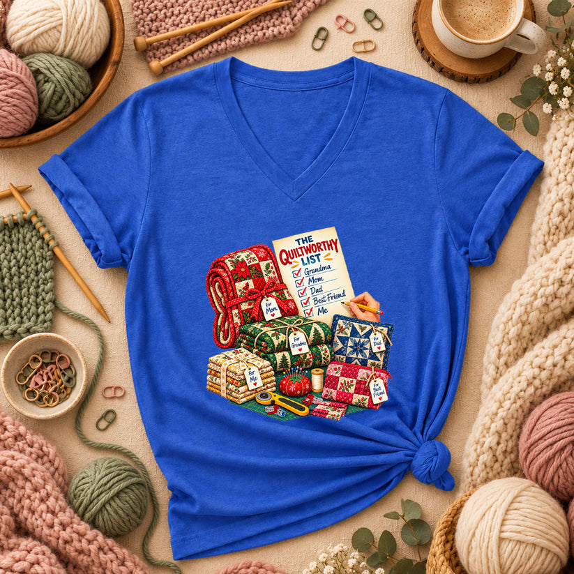 The Quiltworthy List Stack Of Christmas Quilts Women's V-Neck - Heather True Royal