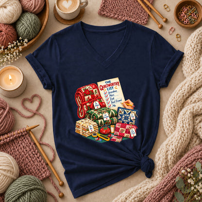 The Quiltworthy List Stack Of Christmas Quilts Women's V-Neck - Navy