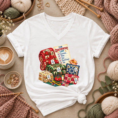 The Quiltworthy List Stack Of Christmas Quilts Women's V-Neck - White
