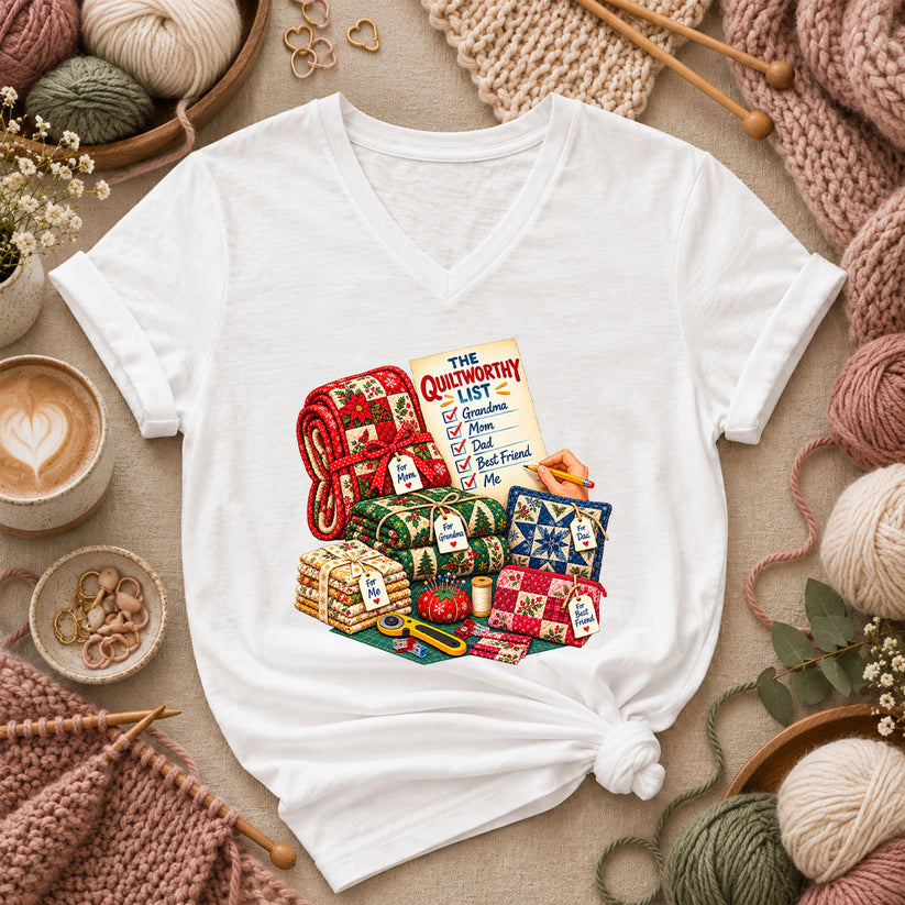 The Quiltworthy List Stack Of Christmas Quilts Women's V-Neck - White