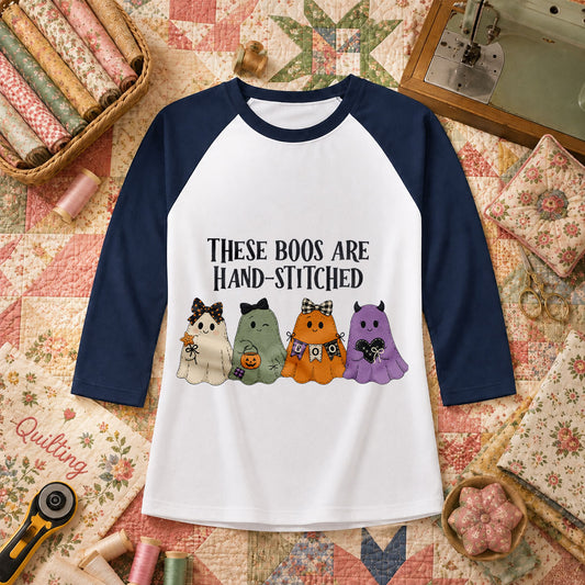 These Boos Are Hand-Stitched Ghost Halloween Raglan Sleeve - Navy