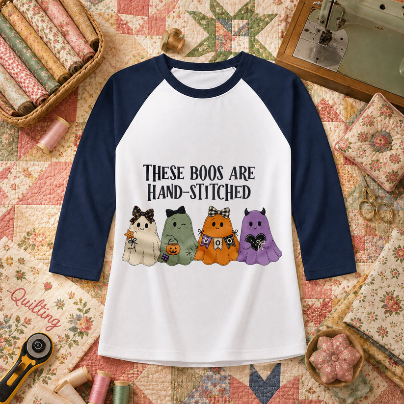 These Boos Are Hand-Stitched Ghost Halloween Raglan Sleeve - Navy