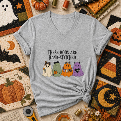 These Boos Are Hand-Stitched Ghost Halloween Women's V-Neck - Athletic Heather
