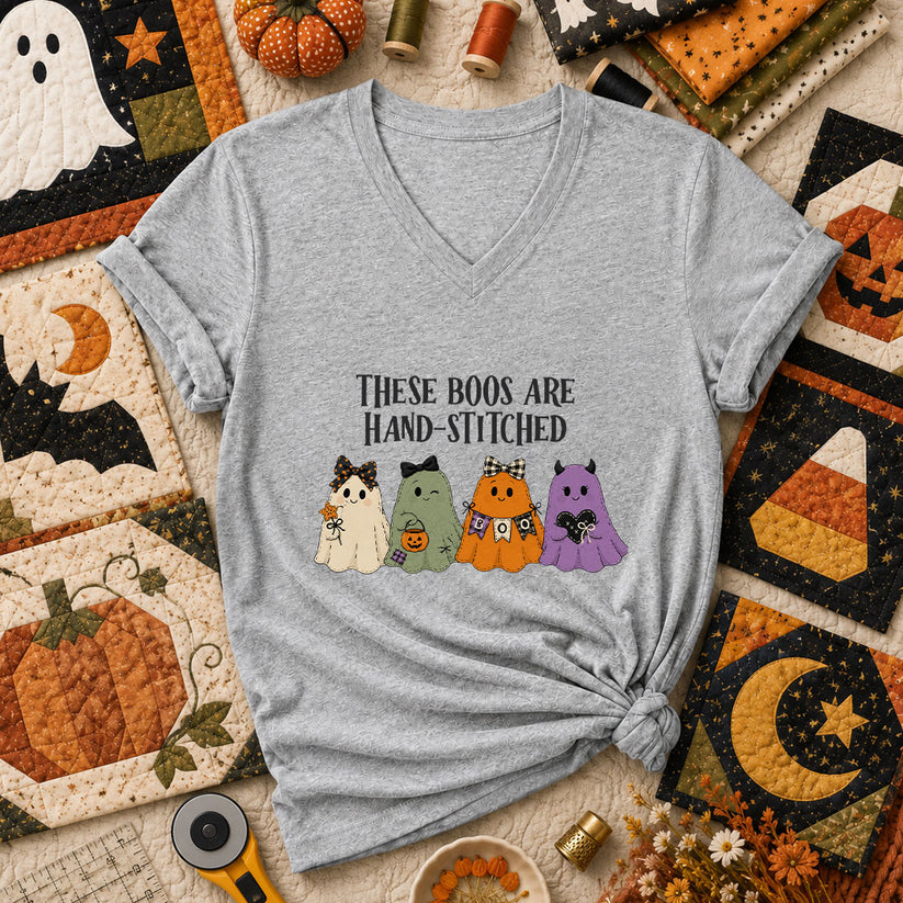 These Boos Are Hand-Stitched Ghost Halloween Women's V-Neck - Athletic Heather