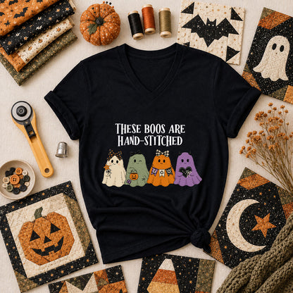 These Boos Are Hand-Stitched Ghost Halloween Women's V-Neck - Black