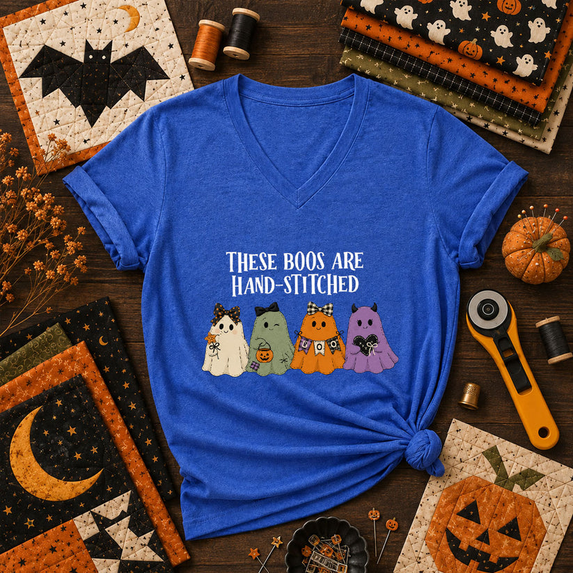 These Boos Are Hand-Stitched Ghost Halloween Women's V-Neck - Heather True Royal