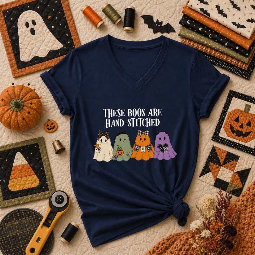 These Boos Are Hand-Stitched Ghost Halloween Women's V-Neck - Navy