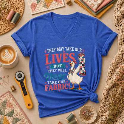They May Take Our Lives But Never Our Fabric Duck Women's V-Neck - Heather True Royal