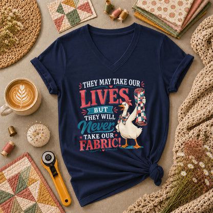 They May Take Our Lives But Never Our Fabric Duck Women's V-Neck - Navy