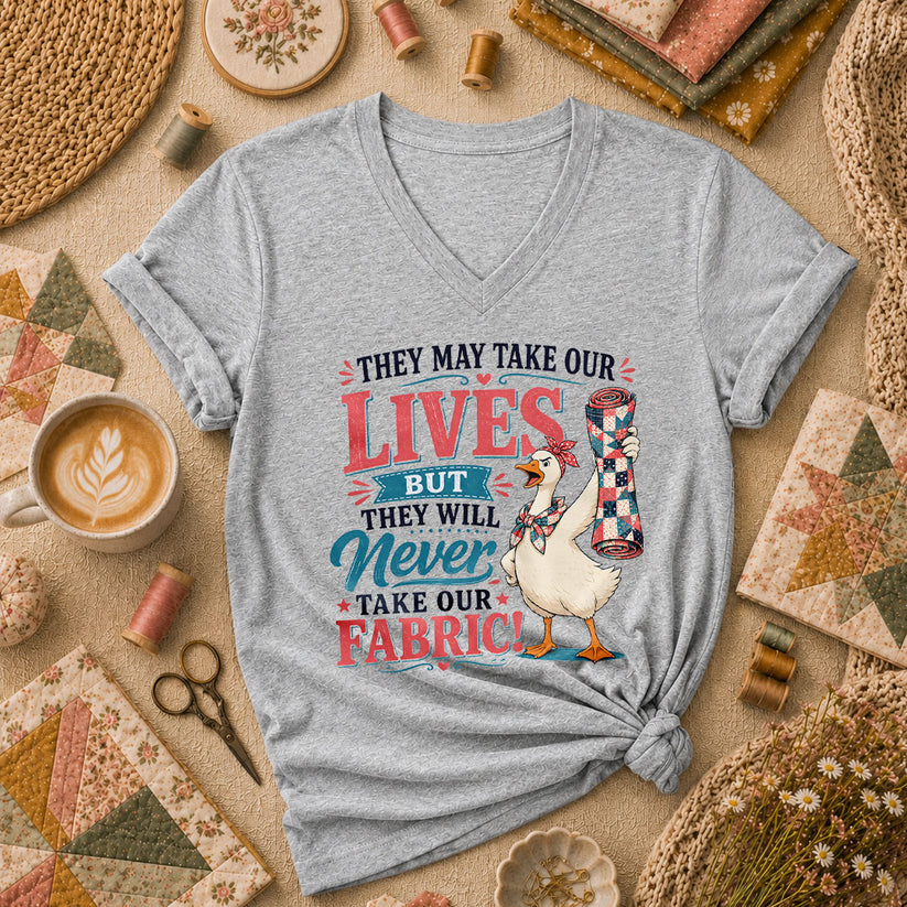 They May Take Our Lives But Never Our Fabric Duck Women's V-Neck - Sport Grey