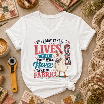 They May Take Our Lives But Never Our Fabric Duck Women's V-Neck - White