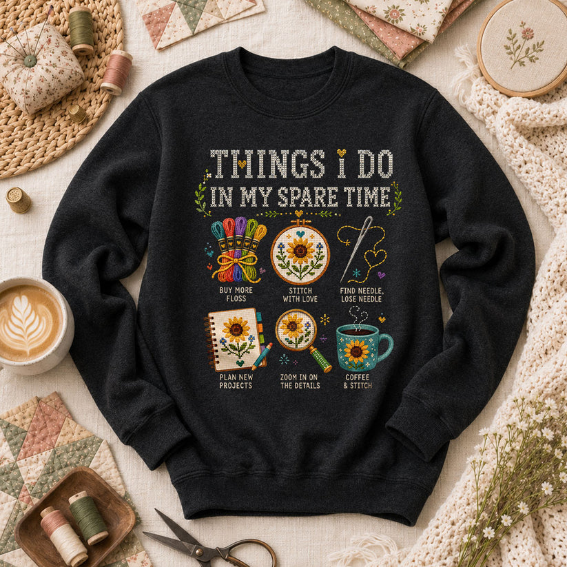 Things I Do In My Spare Time Cross Stitch Long Sleeve - Black